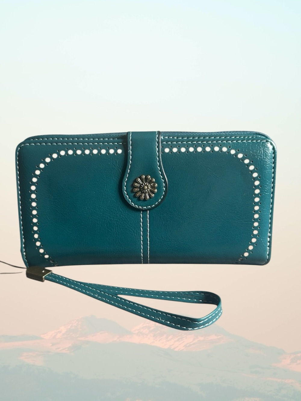 Anti-theft Teal Long Wallet Sunflower Button & Zipper Closure Faux Leather New